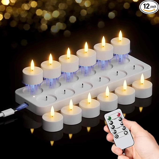 GenSwin 12 Rechargeable Tea Lights Candles with Charging Base and Remote Timer, Flameless LED Tealight Candles Battery Operated Halloween Fall Wedding Table Centerpieces (1.57” x 1.85”)