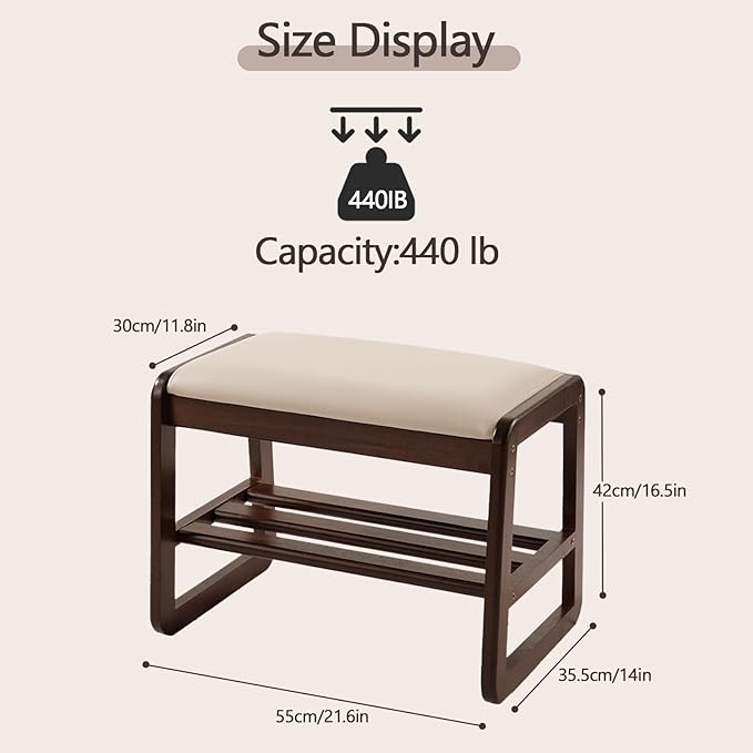 Small Shoe Rack Bench,2 Tier Solid Wooden Entryway Bench with Shoe Storage, Shoe Rack with Cushion for Living Room, Hallway(Pu Beige, 21.6")