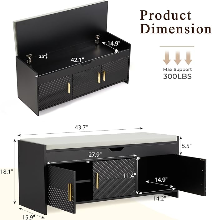 ECOTOUGE Shoe Bench, Storage Bench with Lift Top Storage, Entryway Bench with Cushioned Seat, Adjustable Shelf for Living Room, Bedroom, Hallway, Black