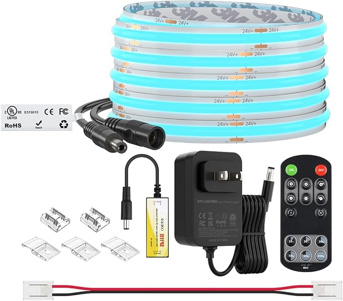BTF-LIGHTING COB LED Strip Light 12V 16.4FT UL Listed, Ice Blue Dimmable High Density Flexible Tape Light with RF Remote & ETL Power Adapter, Ultra Bright for Bedroom Kitchen Home Indoor Lighting