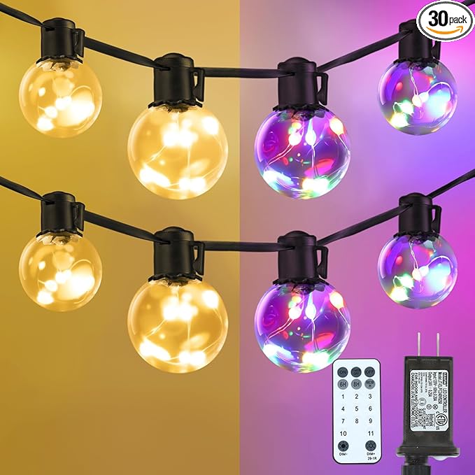 Outdoor String Lights Plug in, 25ft 20 LED Bulbs Hanging Patio Lights Dimmable with Timer & Remote, Globe Bulb Shatterproof & Waterproof for Indoor Backyard Balcony Decor - Warm White & Multi