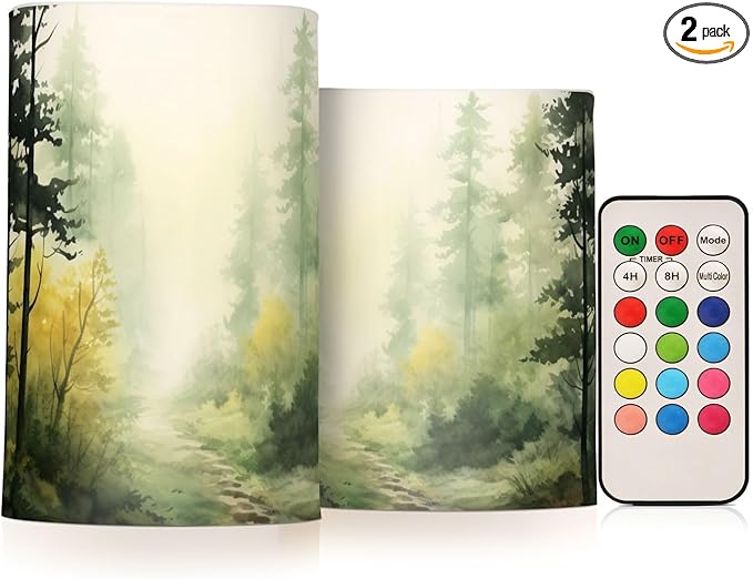 Watercolor Forest Pattern Flameless Candles Color Changing LED Candles with Remote Control Battery Candles for Outdoor and Indoor Home and Room Decoration, 3'' x 4''/5'' Set of 2 Pieces
