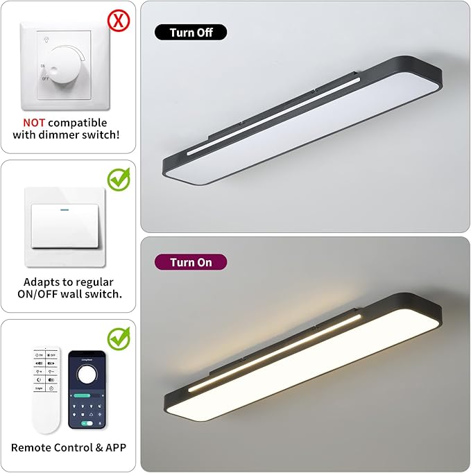 Modern LED Ceiling Light with Remote, 54W Dimmable Linear Black Flush Mount Light Fixture, 39.4'' Low Profile Light Fixture Long LED Ceiling Lamp for Bedroom Living Room Hallway Kitchen