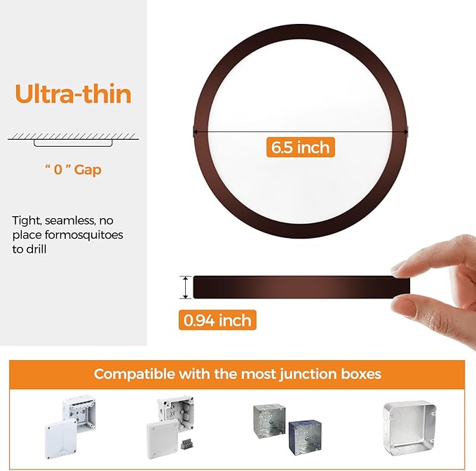 1PACK LED Flush Mount Ceiling Light Fixture, 3000K-4000K-6500K & 100W Equivalent Modern Kitchen Recessed Ceiling Lamp 12W 1200Lm 6.5 Inch Closet Round Surface for Bathroom Laundry-Oil-Rubbed Bronze