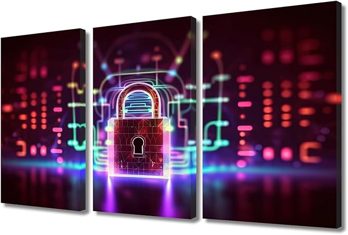 3 Panels Framed Wall Art Padlock on Technological Circuit Background with Neon Lights Picture Prints on Canvas Artwork for Home Wall Decorations, Wooden Framed Ready to Hang, 36" Wx24 H