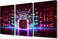 3 Panels Framed Wall Art Padlock on Technological Circuit Background with Neon Lights Picture Prints on Canvas Artwork for Home Wall Decorations, Wooden Framed Ready to Hang, 36" Wx24 H