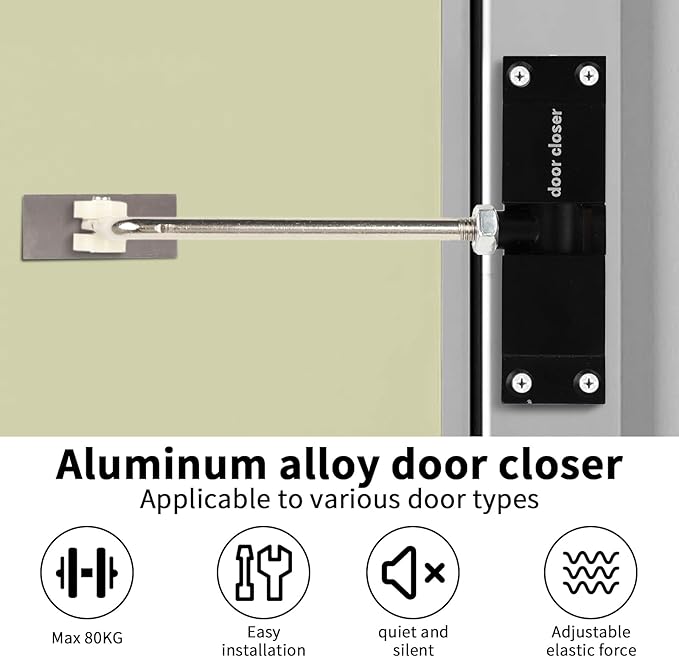 Automatic Door Closer, Safety Spring Door Closer Adjustable Self Closing Door Hinge Zinc Alloy Door Closers for Home, Up to 150Lb can be Pushed (Black)