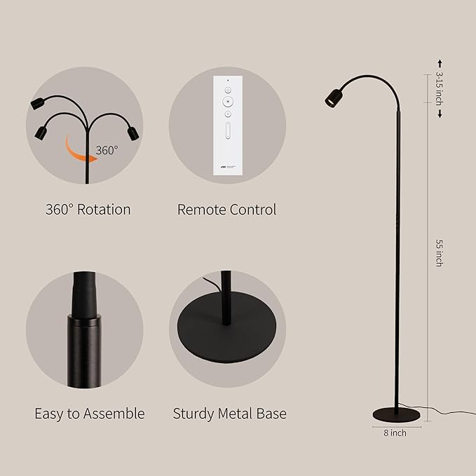 Aisilan LED Floor Lamp with Remote Control, Dimmable Standing Reading Lamp, Touch Control, Adjustable Color Temperature & Brightness, Modern Floor Lamps for Living Room Bedroom Office