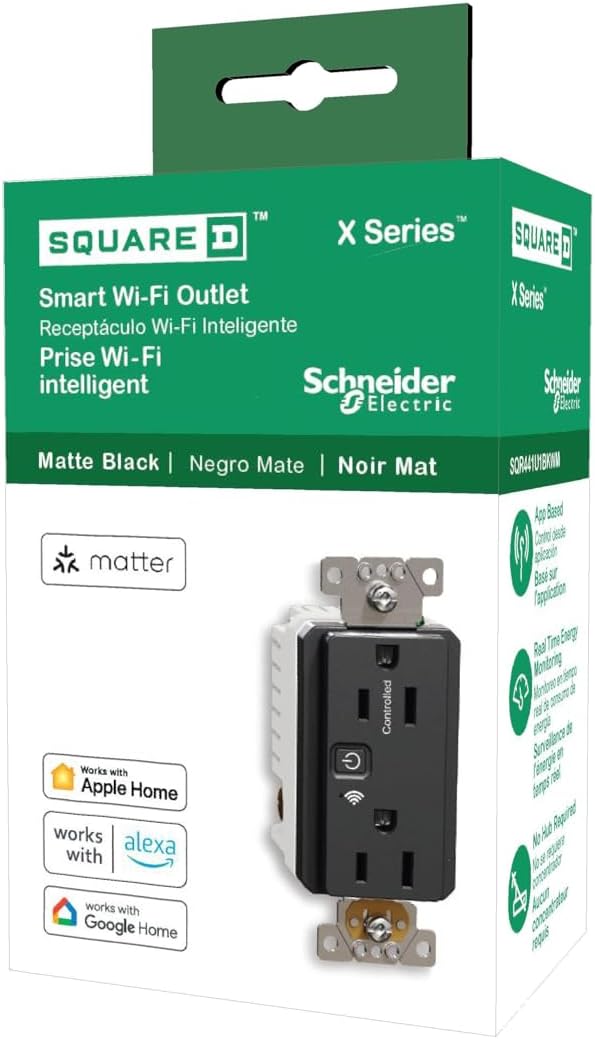 Square D by Schneider Electric X Series 15A 125V Wi-Fi Energy Monitoring Socket Outlet, Tamper Resistant, Needs Neutral Wire, Matter Certified, Compatible with Alexa, Google Home, Apple Home, Black