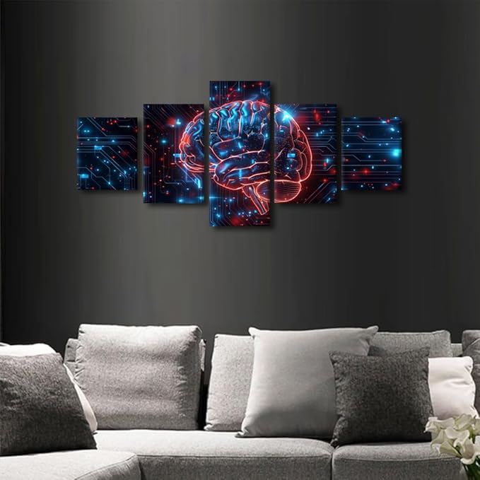 5 Panel Framed Canvas Wall Art Digital Human Brain Decor for Living Room Technology Pictures for Bedroom Artwork Home Dector for Room Ready to Hang Artificial Intelligence Pictures Framed 50" Wx24 H