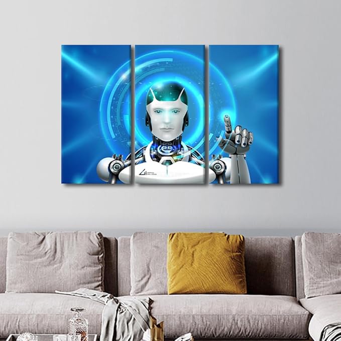 Wall Pictures for Living Room Décor Robot Prints 3 Pieces Wall Art AI Intelligence Framed Wall Art on Canvas AI Artwork Gallery-Wrapped Posters Prints Framed Ready to Hang, 42" Wx28 H