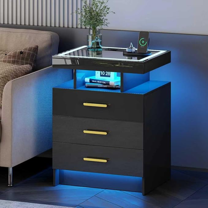 Black Night Stand Set 2 with Wireless Charging Station,Smart Bedside Table with 3 Drawers,Modern Glass Top End Side Table with 3 Color Dimmable,LED Nightstand for Bedroom