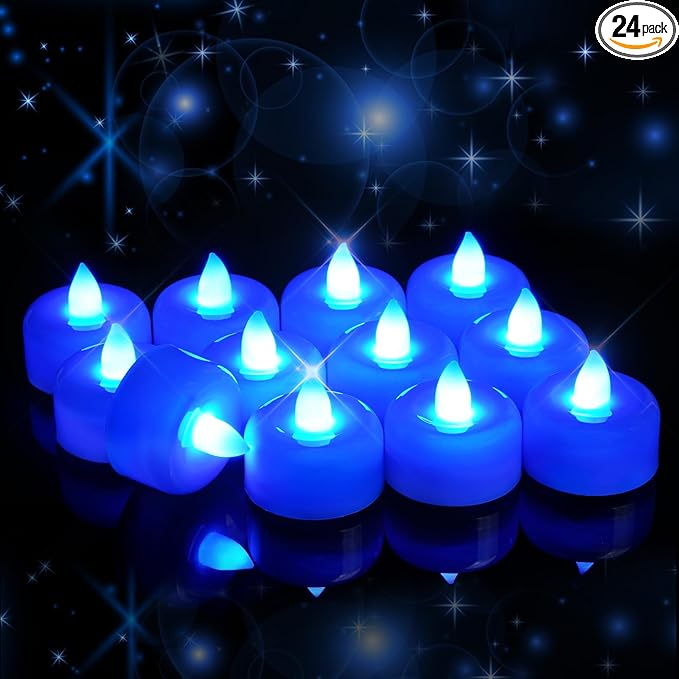 Raycare Blue Battery Operated Tea Lights, 24 Pack Long Lasting Fake Candles, Flameless LED Tea Light, Colored Tealights Candles for Wedding, Table Centerpiece, Party, Halloween, Christmas, Proposal