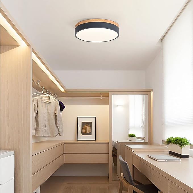 Dimmable Wood LED Flush Mount Ceiling Light, 5CCT 2700K-6000K Modern Round Close to Ceiling Lighting Fixtures, Minimalist Grey Ceiling Lamp for Bedroom, Kitchen, Laundry Room, Hallway, 11.7 in