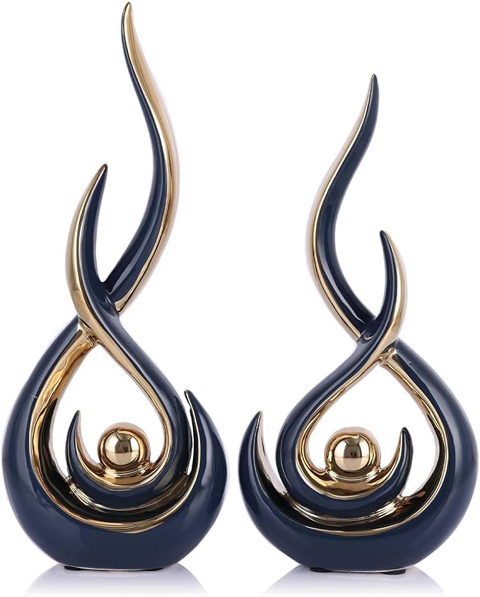 Abstract Ceramic Modern Sculpture, Knick Knacks Statues for Living Room, Shelf, TV Stand, Coffee Table, Dining Room, Office, Bedroom, Home Decor, Centerpiece, Great Gift Idea (Blue Gold)