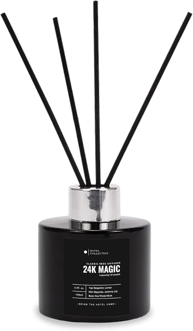 Hotel Collection - 24K Magic - Reed Diffuser Set - Luxury Aromatherapy - Lemon, Bergamot, Black Fig, Cedarwood, Amber, Musk & Blonde Woods - Essential Oil Diffusers - Shelf Decor - 100mL/3.5 FL oz