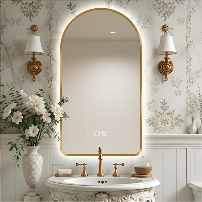 40"L x 30"W Arched LED Bathroom Mirror, Brushed Gold Frame, Backlit Vanity Mirror with Lights, Wall Mounted Lighted Mirror, Dimmable 3-Color Shatter-Proof Arch Smart Mirror, UL-Listed, CRI≥93