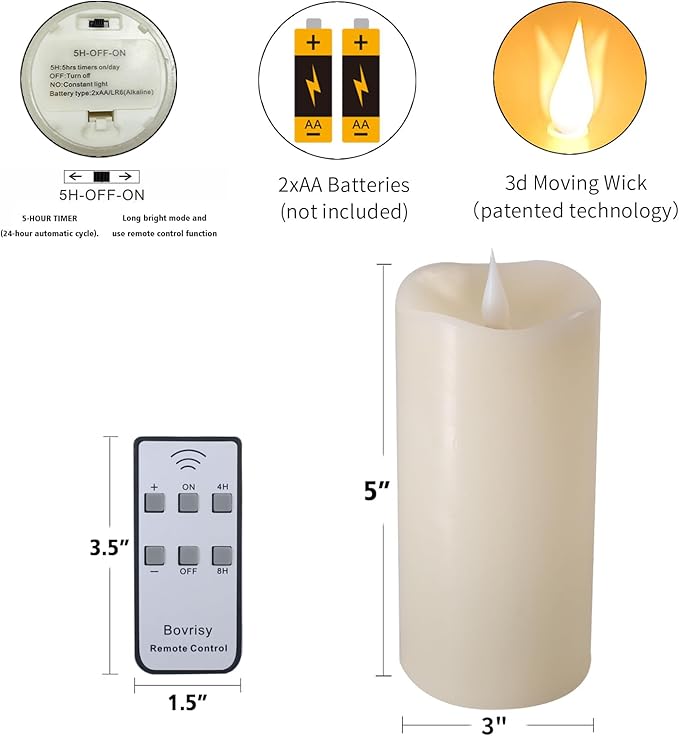 Battery Operated Flameless Candles with Remote Control Timer Flickering LED Candles with 3D Moving Flame Real Wax Fake 3"x 5" Ivory Realistic for Home Wedding, Festival Christmas Party Decoration