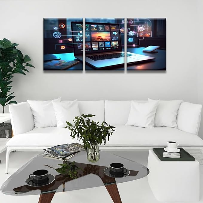 Bedroom Wall Decor 3 Panel Cloud Technology,Smart Home Artwork Print on Canvas for Living Room Bedrooms Wall Decorations, Wooden Framed Gallery-Wrapped Ready to Hang 12x16inchx3