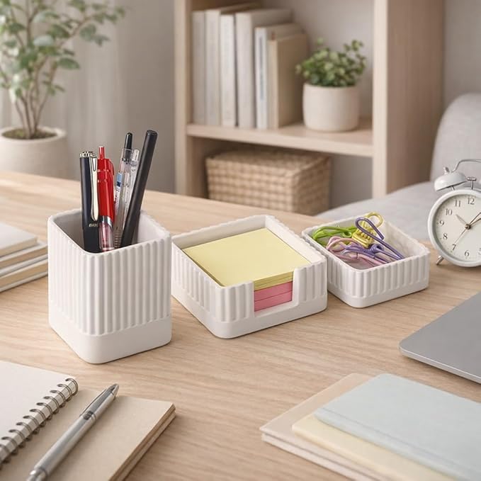 Desk Organizer Set of 3 for Office Accessories - Includes Pen Holder, Paperclip Storage, and Sticky Note Holder - Aesthetic Concrete Desktop Accessories for Women or Men, Office Decor (White)
