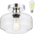 Tbaoinal Semi Flush Mount Ceiling Light Seeded Clear Glass Shade Matal Base Inclede LED Bulb, Low-Profile for Kitchen/Hallway/Entryway/Bathroom,Matte Silver