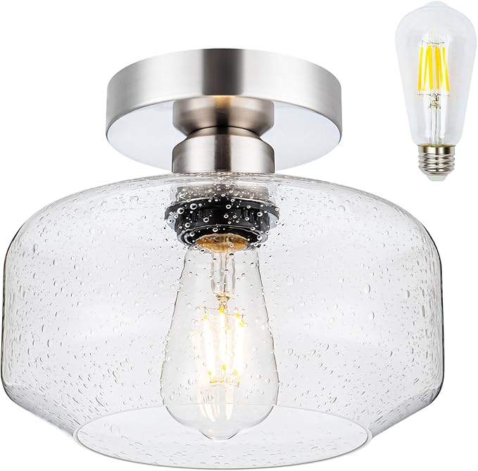 Tbaoinal Semi Flush Mount Ceiling Light Seeded Clear Glass Shade Matal Base Inclede LED Bulb, Low-Profile for Kitchen/Hallway/Entryway/Bathroom,Matte Silver