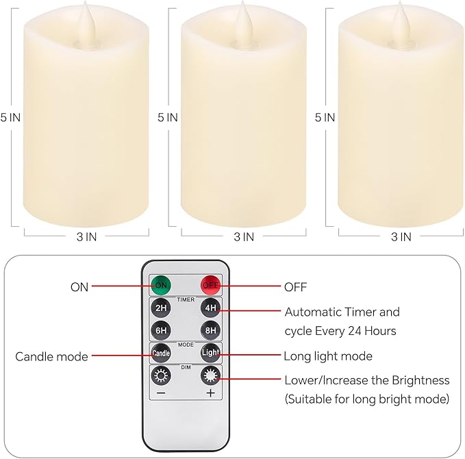 3PCS, 3 x 5 inches Flameless Candle with Remote Control, 3D Flickering Wick, Real Wax, Battery Candles,with Timer,Battery Powered Candles,for Holiday Home Decor,Ivory