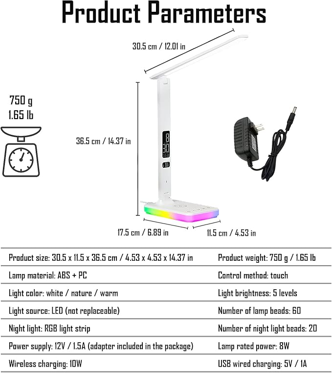 LED Desk Lamp with Wireless and Wired Charging, Foldable Table Light, 5 Brightness and 3 Lighting Modes, Time and Temperature Display, RGB Night Light, USB Powered (Single Head White)