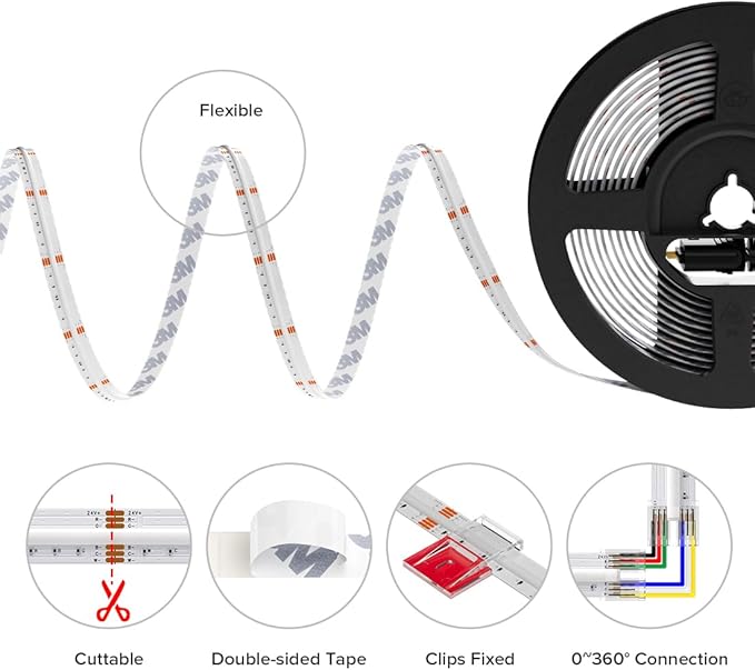 BTF-LIGHTING FCOB COB RGBCCT Color Changing LED Strip with Remote,UL Listed Flexible High Density DC24V 9.8FT RGB+Tunable White 3000K-6000K RF Remote Controller 12mm Width 3M Tape for Home Decor