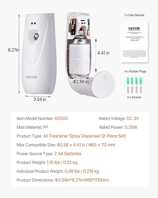 VEVOR Automatic Air Freshener Spray Dispenser, 2-Pack, Wall Mounted or Free Standing, Battery Operated, Multiple Time Settings for Home, Indoor, Bathrooms, Offices, Hotels, Commercial Places, White