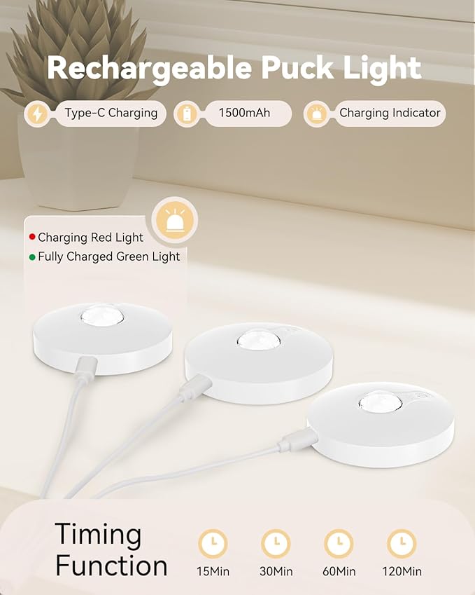 Rechargeable RGB Puck Lights with Remote Control, 1500mAh Battery Operated Push Lights, Dimmable & Timer Under Cabinet Lighting for Closet, Bedroom, Kitchen White 6Pcs