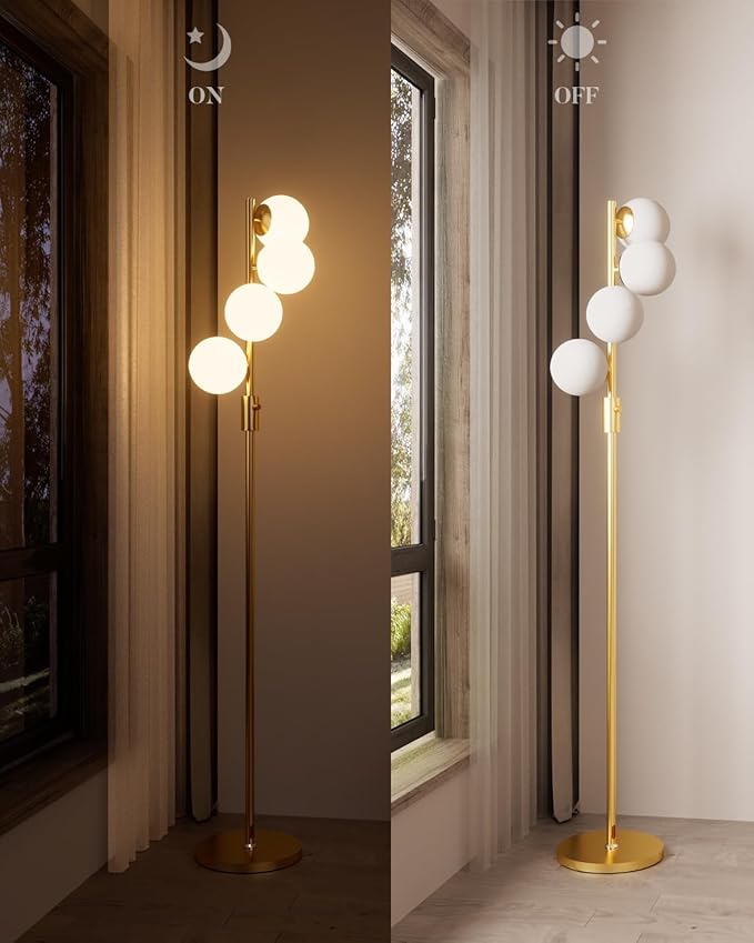 Lightdot 64IN Dimmable Globe Floor Lamp, Gold Standing Lamps with 4PCS 3000K Bulbs Soft Warm White Eye Care, Mid Century Modern Floor Lamp for Living Room/Bedroom/Sofa Beside/Corner Decor