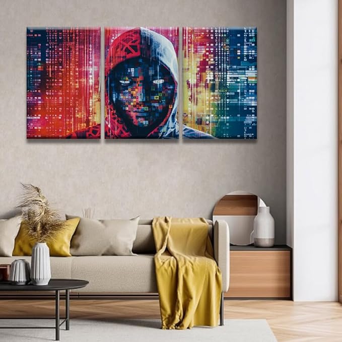 LSIUHWUWI Wall Decor 3 Panels Modern Wall Art Hacker in Mask on Dark Background with Digital Effects Pictures Print on Canvas for Home Wall Decorations, Ready to Hang, 16x24inchx3