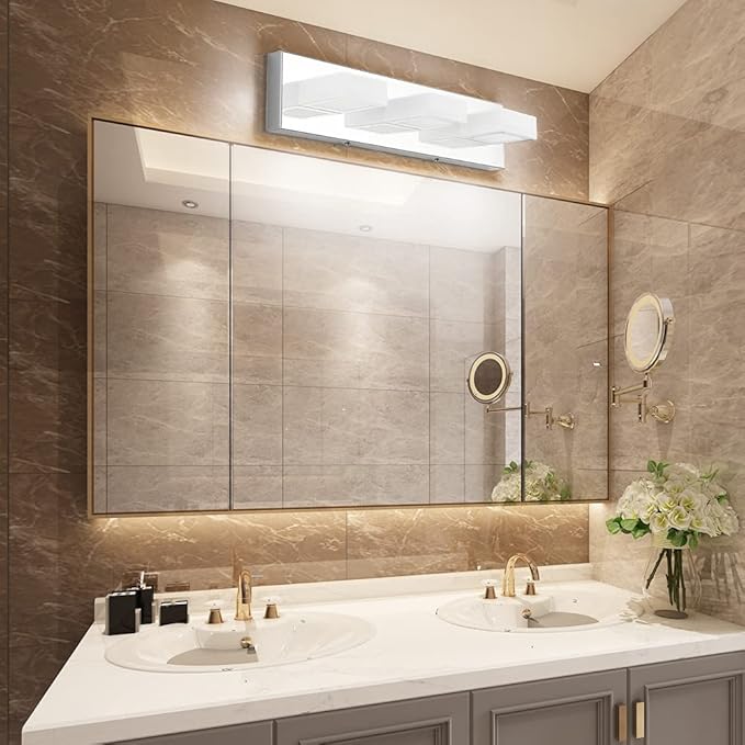 Ralbay Modern LED Bathroom Vanity Lights Chrome Stainless Steel Acrylic Bathroom Wall Lighting Fixtures Modern LED Vanity Lights Over Mirror(Natural White Light)
