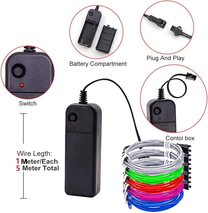 Ourbest 2Pack 5in1 Wearable led Wire Lights, el Wire Lights Battery Powered Party Cosplay Rope Lights 3Mode Stay/Slow/Fast Flash(2 Battery Boxes Multicolor)