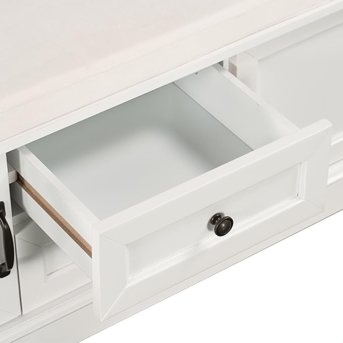 GDFStudio Rustic Storage Bench with 4 Doors 2 Draws Adjustable Shelves Removable Cushion Rectangular Cabinet Foot Rest Stool Solid Wood Shoe Bench Seating for Entryway Living Room, White