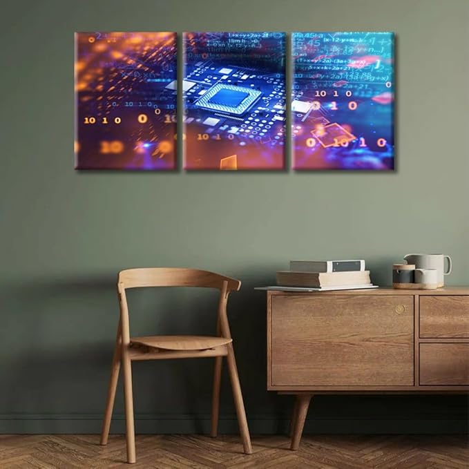 3 Piece Motherboard Digital Chip Information Wall Decor Computer Processors CPU Art Prints Wall Decor Living Room Giclee Wooden Framed Gallery-Wrapped Ready to Hang (36" Wx16 H)