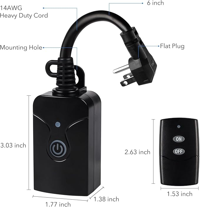HBN Outdoor Indoor Wireless Remote Control 3-Prong Outlet Weatherproof Heavy Duty 15 A Compact 1 Remote 1 Outlet with Remote 6-inch Cord 100ft Range ETL Listed (Battery Included)