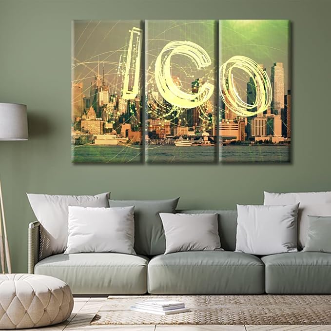 Concept of Blockchain and Bitcoin Pictures Home Decor 3 Panels Crypto Currency City Veiw Background Canvas Wall Art for Bedroom, Living Room, Office. Print on Canvas Framed Ready to Hang (60"Wx40"H)