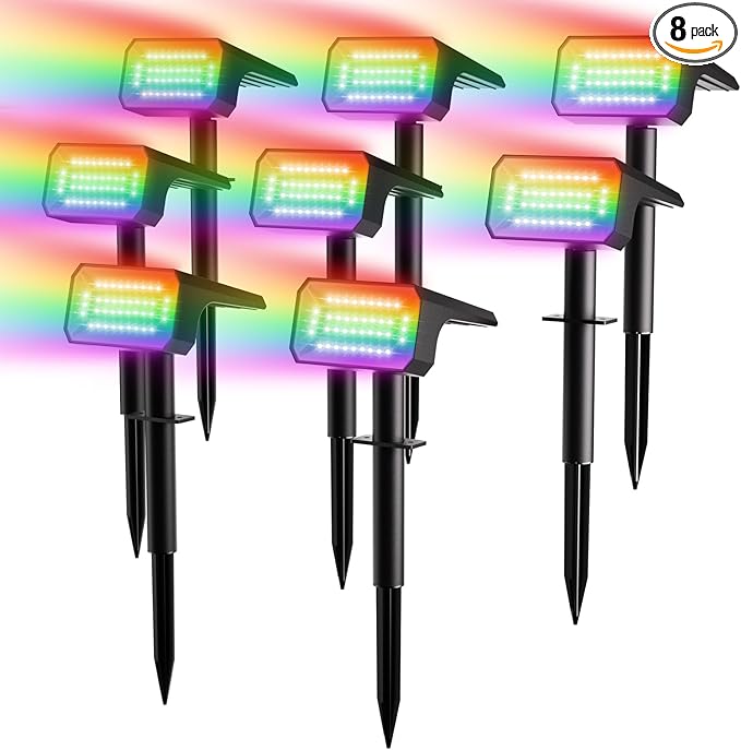 Fabrito Color Changing Solar Spot Lights Outdoor 8 Pack, [6+1 Lighting Modes] Auto On/Off RGB Spotlights, Waterproof Multicolor Landscape Lights for Garden, Tree, Halloween, Christmas