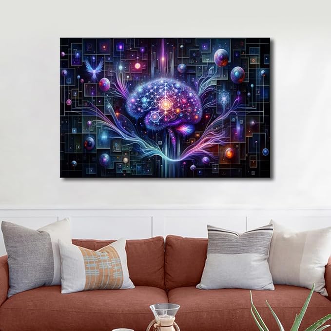Digital Brain Canvas Wall Art for Bedroom Neurological Data Analysis Painting House Decorations Technology Print Artwork Canvas Framed Artwork for Walls Posters framed Ready to Hang 24"Wx36"Hx1 Panel