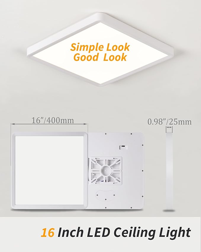 Square Led Flush Mount Ceiling Light,16 Inch 40w 3820lm led Light 3000k,4000k,6000k CCT Selectable,Flat Panel Super Slim Led Ceiling Light Fixture,for Living Dining Kitchen Bedroom Room (1Pack-White)