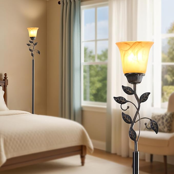 RORIANO 72” Flower Farmhouse Floor Lamp for Living Room, Unique Rustic Leaf Tall Standing Lamp with Amber Glass Shade and Traditional Foot Switch for Bedroom, Corner, Office, Bulb Included (Bronze)
