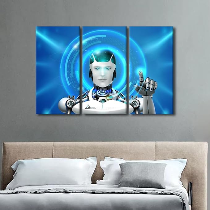 Wall Pictures for Living Room Décor Robot Prints 3 Pieces Wall Art AI Intelligence Framed Wall Art on Canvas AI Artwork Gallery-Wrapped Posters Prints Framed Ready to Hang, 42" Wx28 H