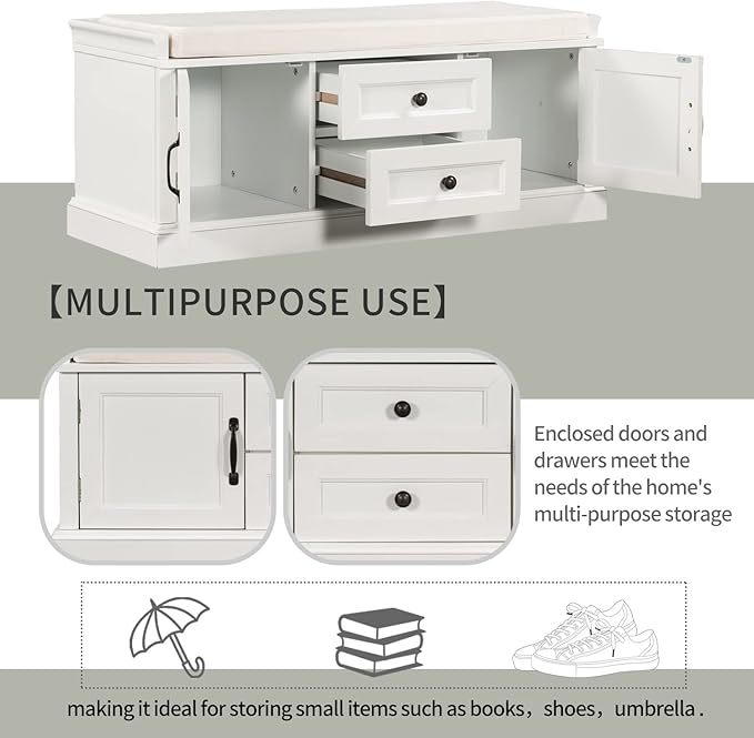 Merax Modern Wood Storage Bench with 2 Drawers and 2 Cabinets for Living Room Bed Room Entryway White