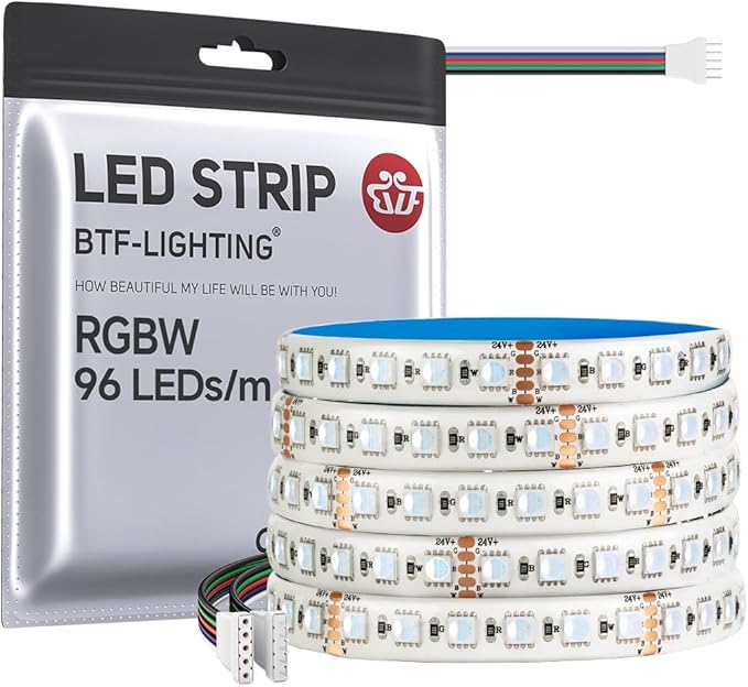 BTF-LIGHTING 5050 RGBW RGB+Cool White(6000K-7000K) 4 Colors in 1 LED 5m 16.4ft 96LED/m DC24V Multi-Colored LED Tape Lights IP65 Waterproof Wihte 12mm PCB for Home Decoration(No Adapter or Controller)
