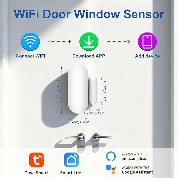 WiFi Magnetic Door Sensor Alarm with App That Alerts Your Phone, Mini Wireless Window Alarms When Opened for Home Security, No Hub Required, Smart Sliding Door Contact Sensors Chimes Safety Protection