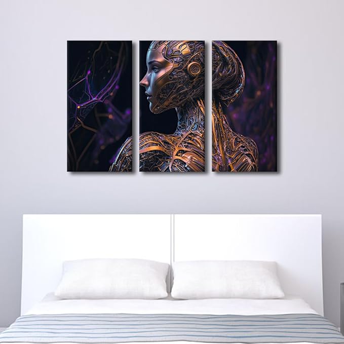 TUMOVO 3 Panel Modern Wall Art Artificial Intelligence Print on Canvas Wall Art for Living Room Bedroom Bathroom Decoration, Cyborg Artwork Stretched Framed Ready to Hang, 36" Wx24 H