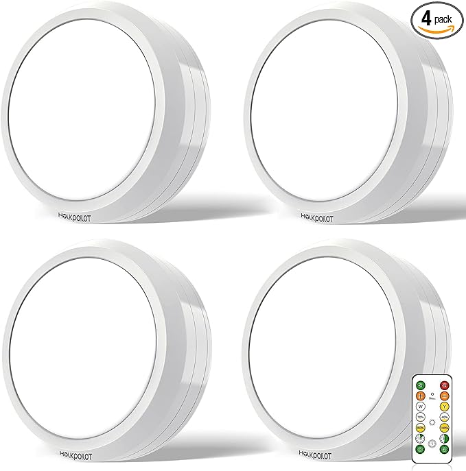 HOLKPOILOT Puck Lights with Remote Control, Under Cabinet Battery Operated, Under Counter Puck Lighting, Wireless Stick On Lights White (4pack)