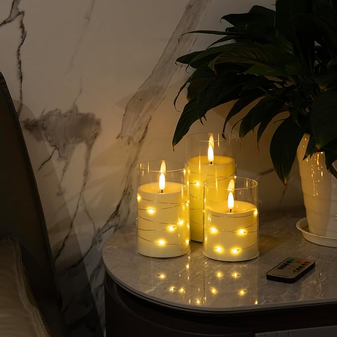 Flickering Flameless Candles with Embedded String Lights - Acrylic Battery Operated Candles with Remote, LED Pillar Candles for Valentines/Wedding Home Decor（White）